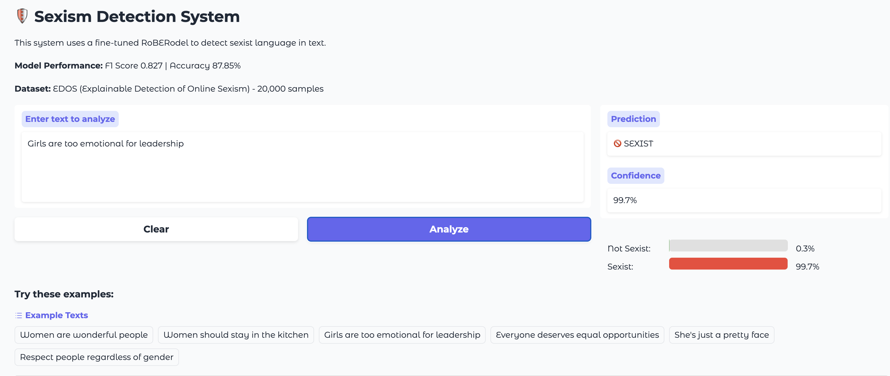 Gradio interface showing sexism detection with confidence scores
